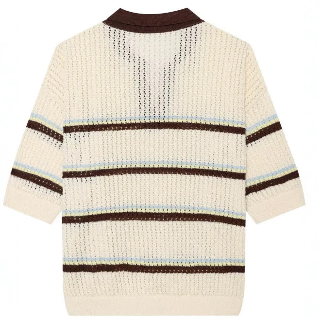 Damen Kurzarm Polo-Strickpullover mit V‑Ausschnitt, Strukturmuster und Streifendetail Drune