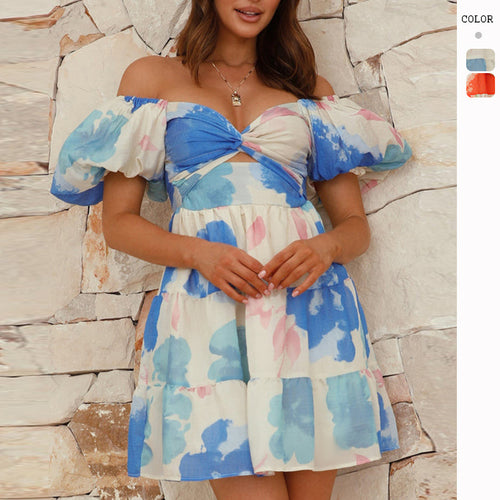 Damen Sommerliches Minikleid im floralen Design mit Puffärmeln und geknotetem Ausschnitt Drune