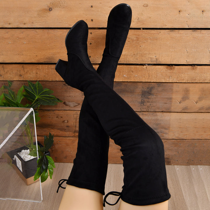 Damen Stretch Overknee Stiefel mit elastischem Schaft und mittlerem Blockabsatz Drune