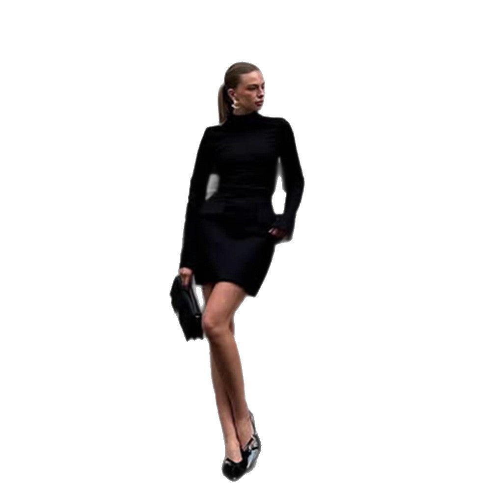 Damen Tailliertes Mini-Kleid mit Stehkragen, langen Ärmeln & Schößchen Drune