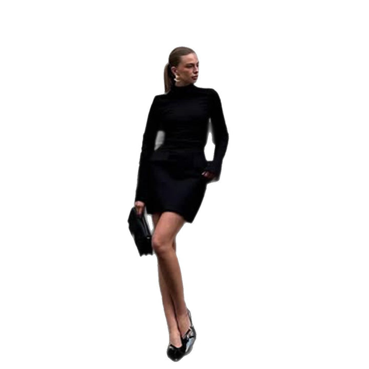 Damen Tailliertes Mini-Kleid mit Stehkragen, langen Ärmeln & Schößchen Drune