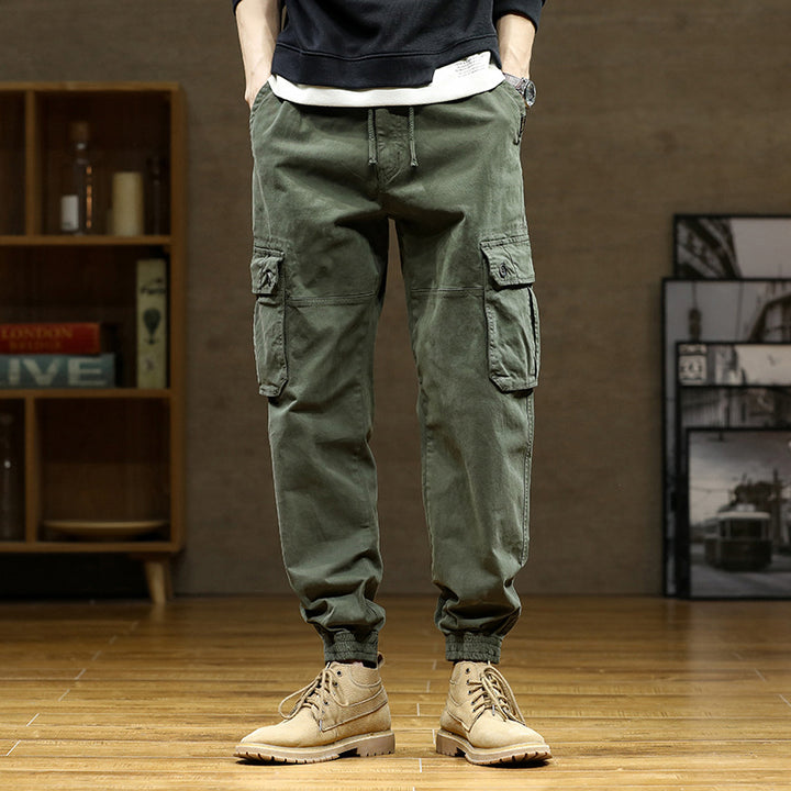Herren Weiche Baumwoll-Utility-Cargohose im Joggerstil mit elastischem Bund und großvolumigen Klappentaschen Drune