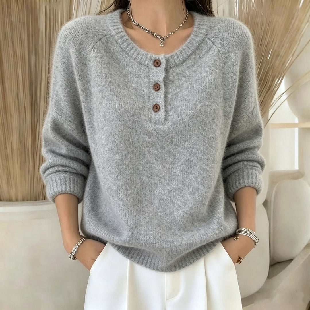 Damen Kuscheliger Rundhals-Henley-Pullover mit Knopfleiste und Raglanärmeln Drune