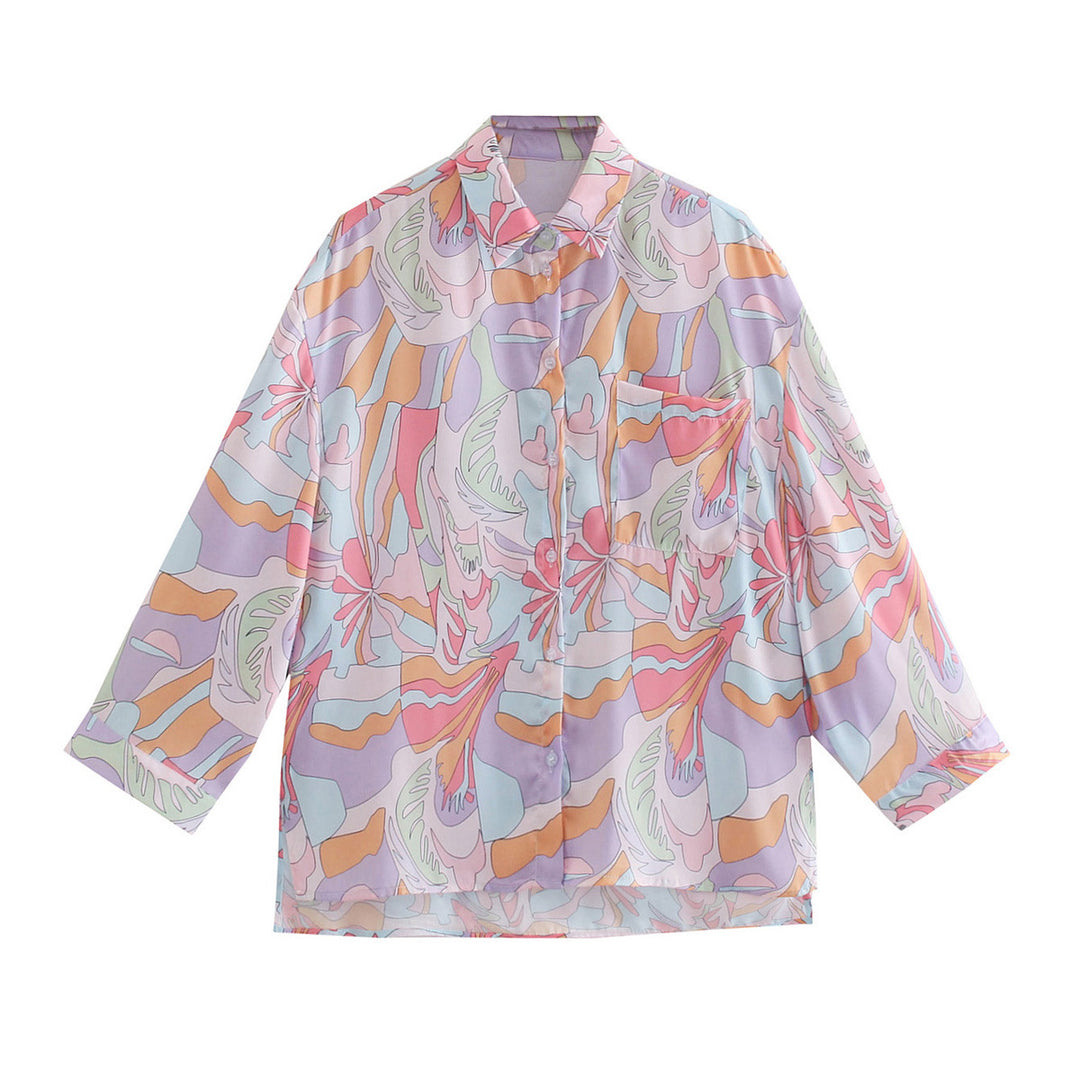 Damen Oversize-Hemdbluse mit abstraktem Allover-Print, leichtes Chiffon-Top, langärmelig Drune