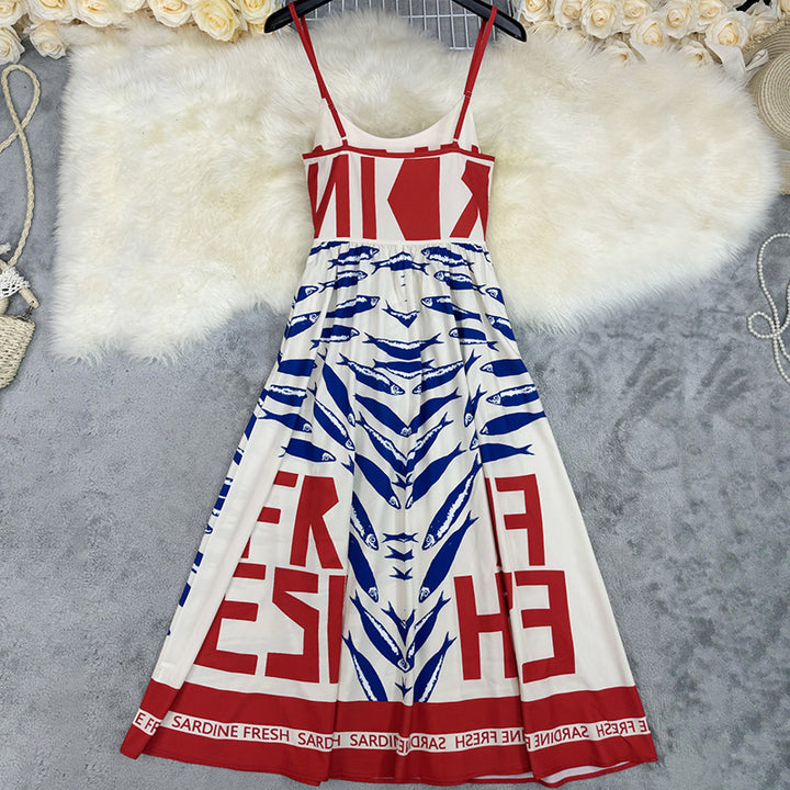 Damen Midi-Kleid mit auffälligem Grafikdruck und schwingendem Rock Drune
