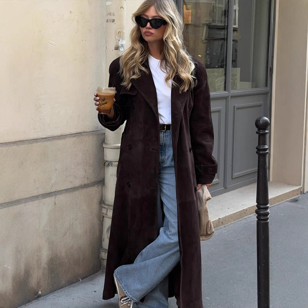Damen Langer Velours-Trenchcoat mit Bindegürtel und Reverskragen Drune