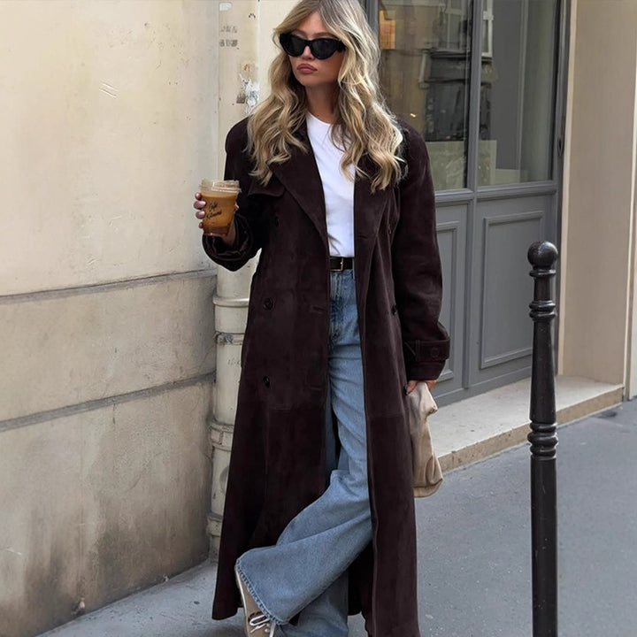 Damen Langer Velours-Trenchcoat mit Bindegürtel und Reverskragen Drune