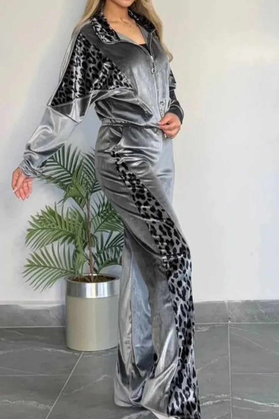 Drune | Leopardenmuster Kontrast Langarmjacke und Weite Hosen Zweiteiler Satz