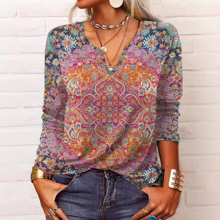 Damen Boho-Print V-Ausschnitt Tunika-Shirt Drune