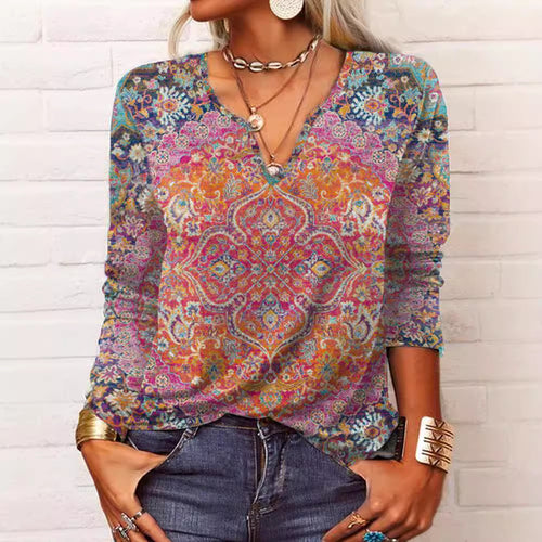 Damen Boho-Print V-Ausschnitt Tunika-Shirt Drune