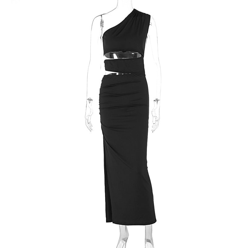 Damen asymmetrisches Maxikleid mit Rüschen und hohem Seitenschlitz Drune
