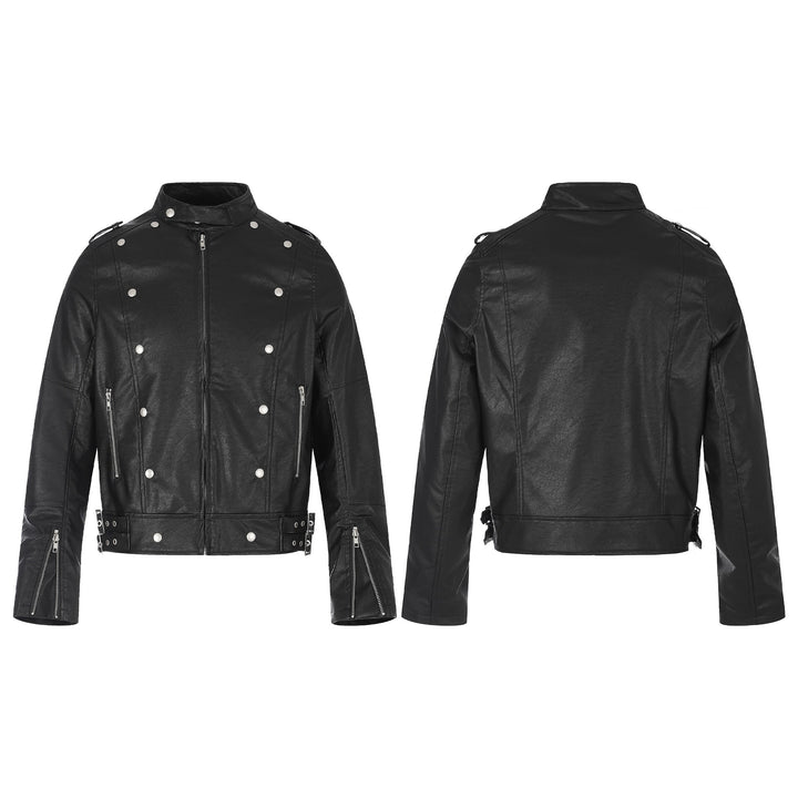Herren Biker‑Lederjacke im Military‑Style mit Nieten, Stehkragen und Taillengürtel Drune