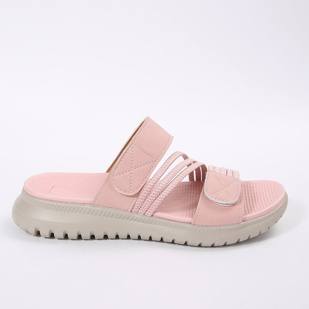 Damen Komfort-Pantolette mit verstellbaren Klettriemen, elastischen Zierbändern und stoßdämpfender Profilsohle Drune