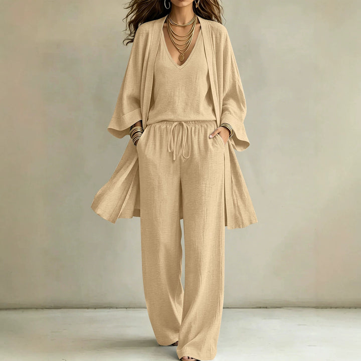 Damen Leichtes Lounge-Set mit Kimono-Cardigan, V‑Ausschnitt-Top und weitem Kordelbund-Hose Drune