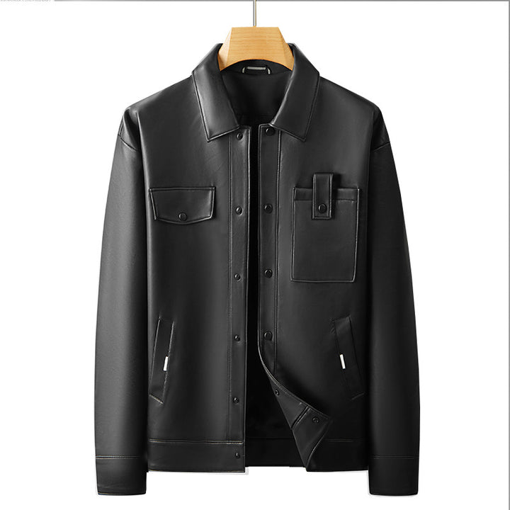 Herren Minimalistische Lederimitat-Utility-Jacke mit Druckknopf-Verschluss und Mehrfachtaschen Drune