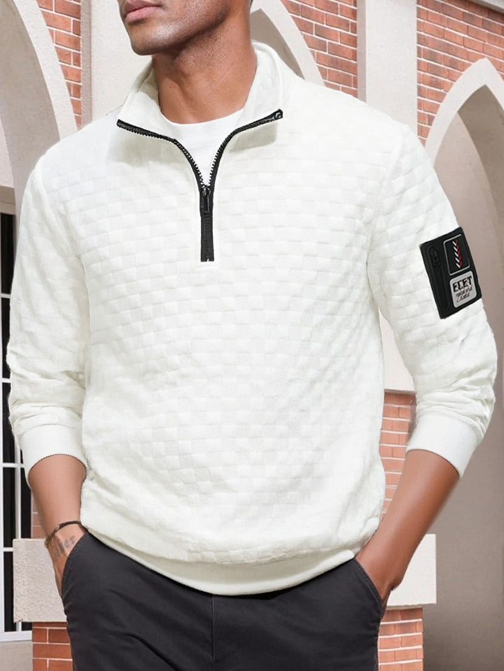 Herren strukturierter Stehkragen-Halbzip-Pullover mit Karosteppung, elastischen Bündchen und Ärmel-Patch Drune
