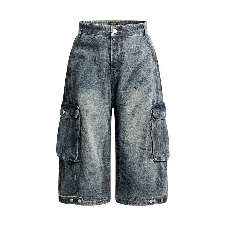 Damen High-Waist Denim-Cargo-Culotte mit weiten Beinen und aufgesetzten Taschen Drune