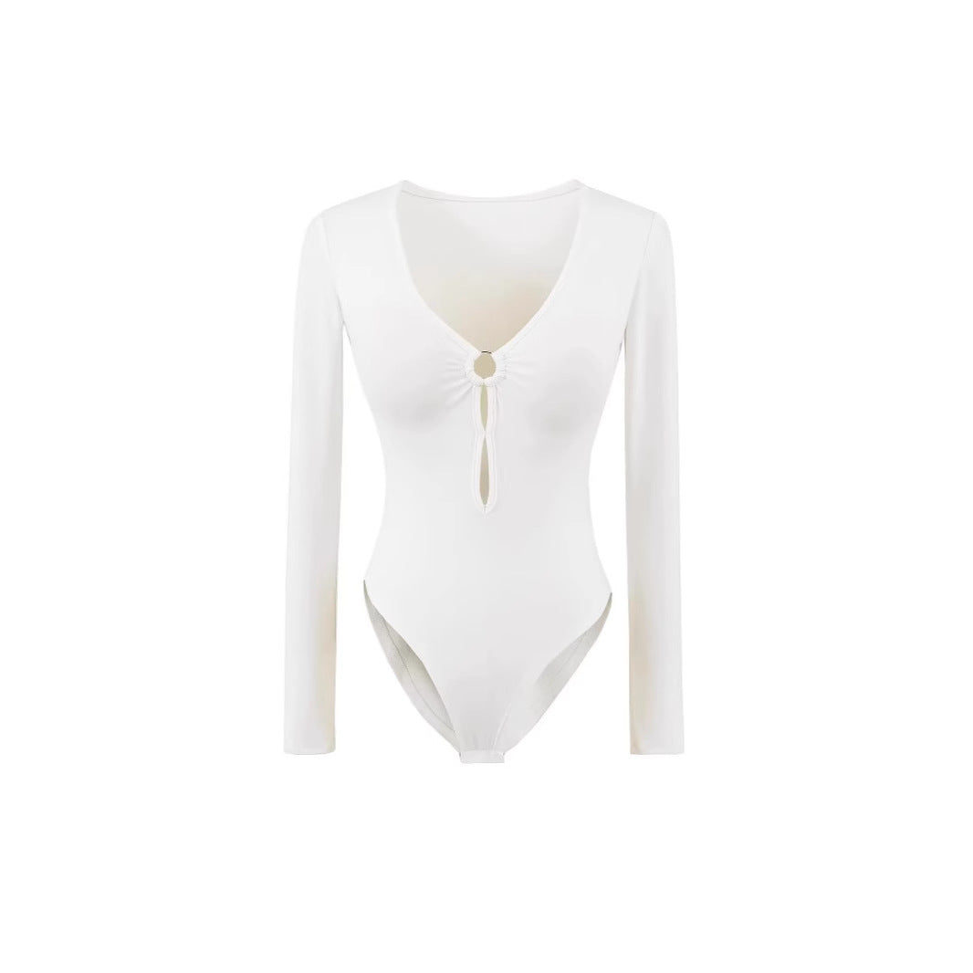 Damen Langarm Bodysuit mit elegantem V-Ausschnitt und dekorativem Ringdetail Drune