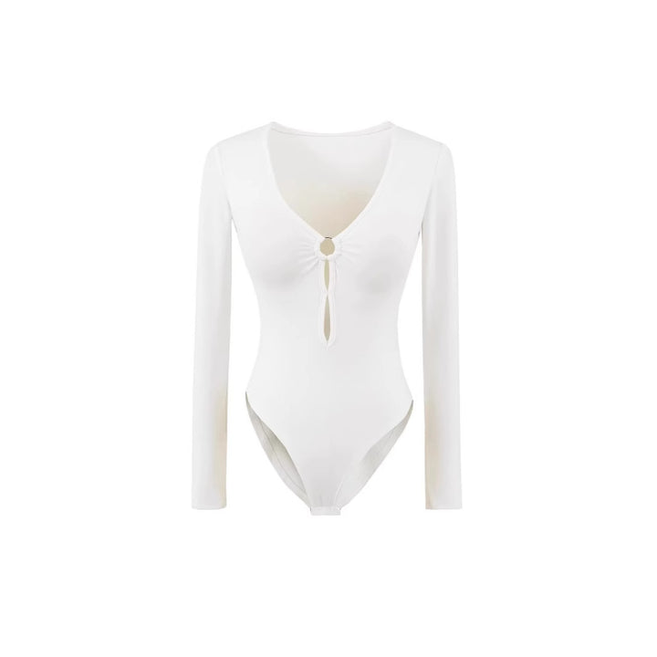 Damen Langarm Bodysuit mit elegantem V-Ausschnitt und dekorativem Ringdetail Drune