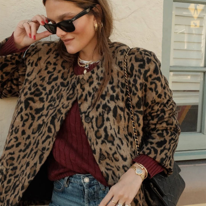 Damen Kurz geschnittener Kunstpelzmantel mit Leopardmuster und kastiger Silhouette Drune
