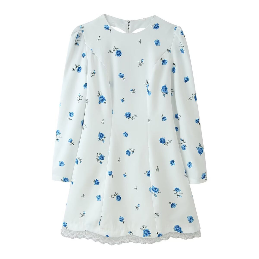 Damen A‑Linien-Minikleid mit langen Ärmeln, floralem Muster und Spitzenbesatz Drune