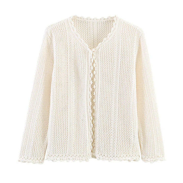 Damen Offener Häkel-Cardigan mit V-Ausschnitt und Wellenkante Drune