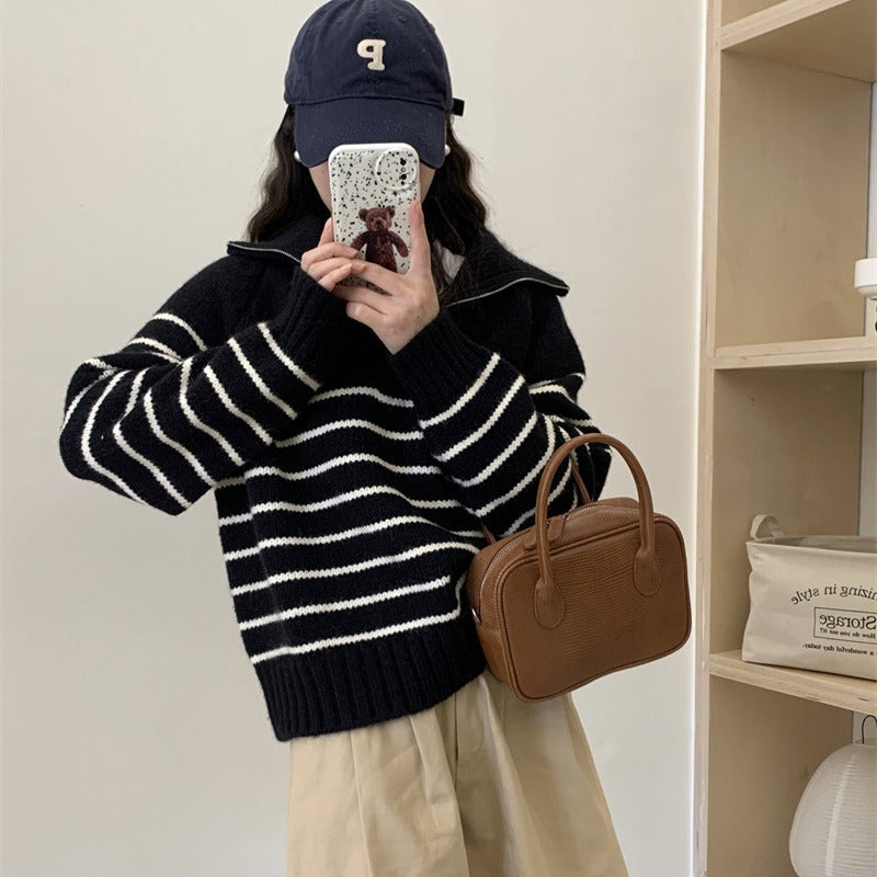 Damen Lässiger Pullover mit gestreiftem Design und halbem Reißverschluss Drune