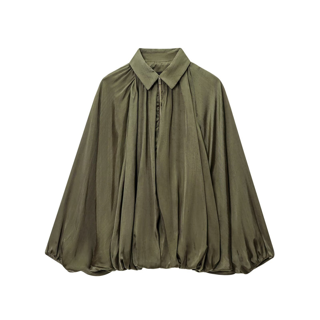 Damen Weite plissierte Hemdblusen-Jacke mit Hemdkragen, Reißverschluss und ballonförmigem Saum Drune