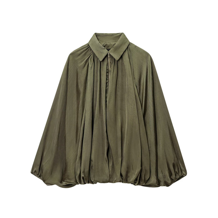 Damen Weite plissierte Hemdblusen-Jacke mit Hemdkragen, Reißverschluss und ballonförmigem Saum Drune
