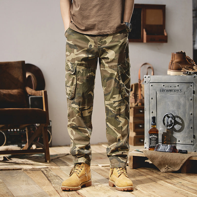 Herren Camouflage-Utility-Cargohose mit Mehrfachklappentaschen, Kniepaneelen und Kordelabschluss Drune