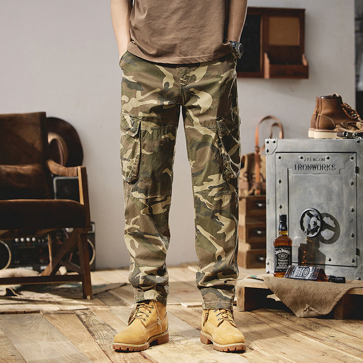 Herren Camouflage-Utility-Cargohose mit Mehrfachklappentaschen, Kniepaneelen und Kordelabschluss Drune