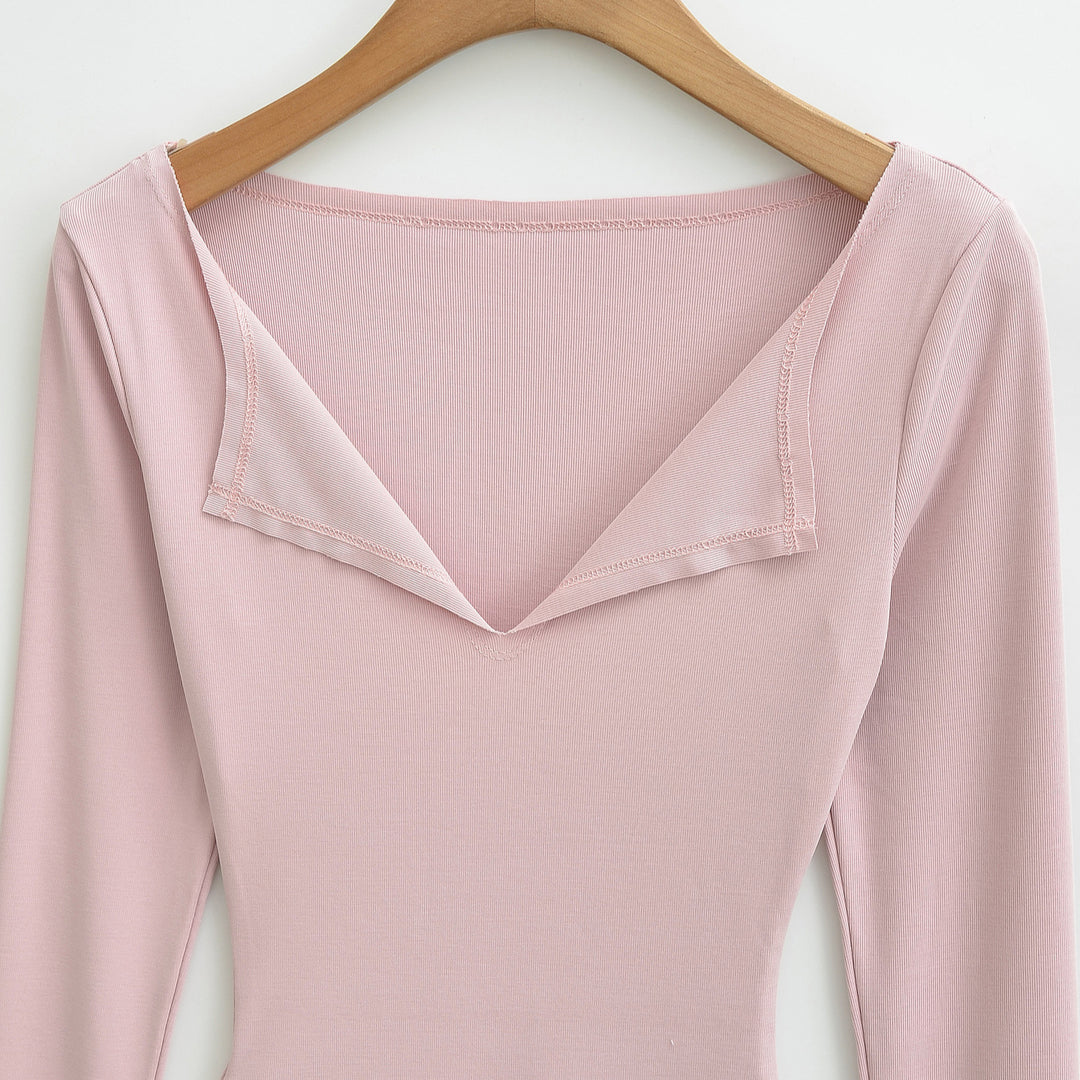 Damen Figurbetontes Rippenstrick-Longsleeve mit tiefem V‑Ausschnitt und Kragenblende Drune