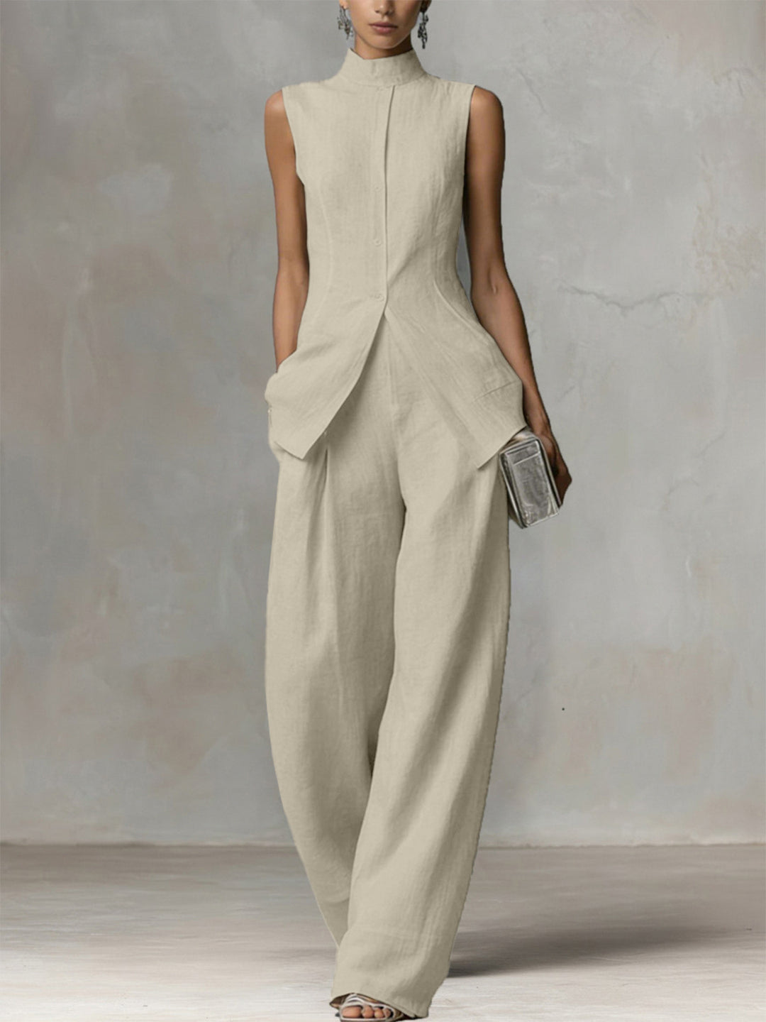 Damen Ärmelloser Leinen-Jumpsuit mit Stehkragen und weitem Bein Drune