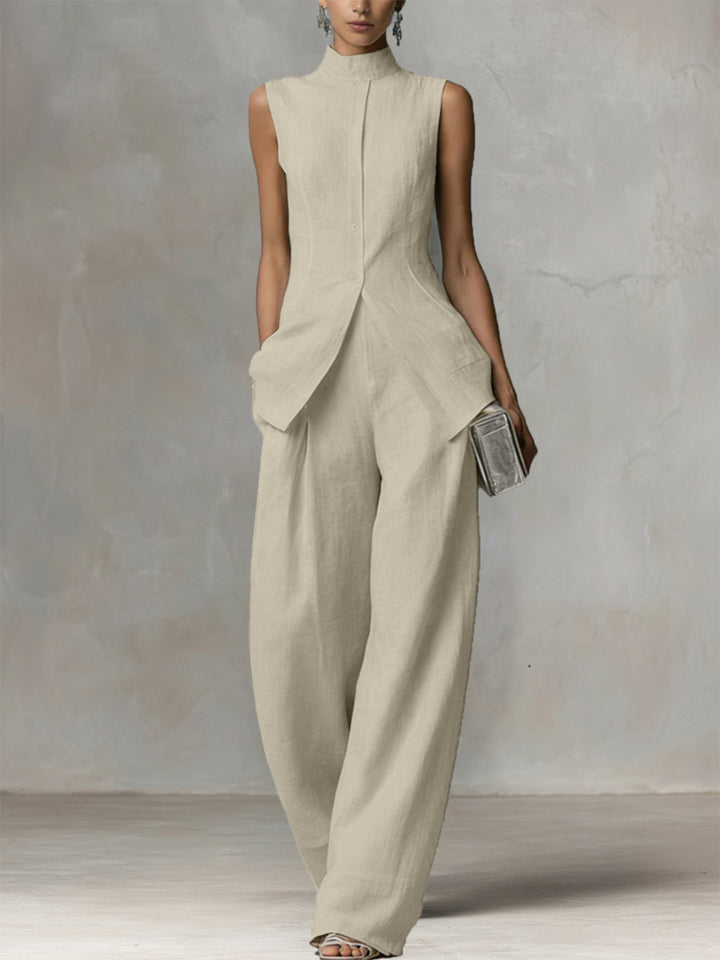 Damen Ärmelloser Leinen-Jumpsuit mit Stehkragen und weitem Bein Drune