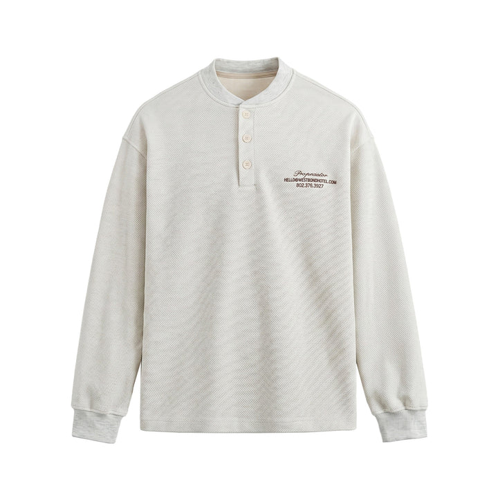 Unisex Strukturierter Henley-Pullover mit Knopfleiste und geripptem Stehkragen Drune
