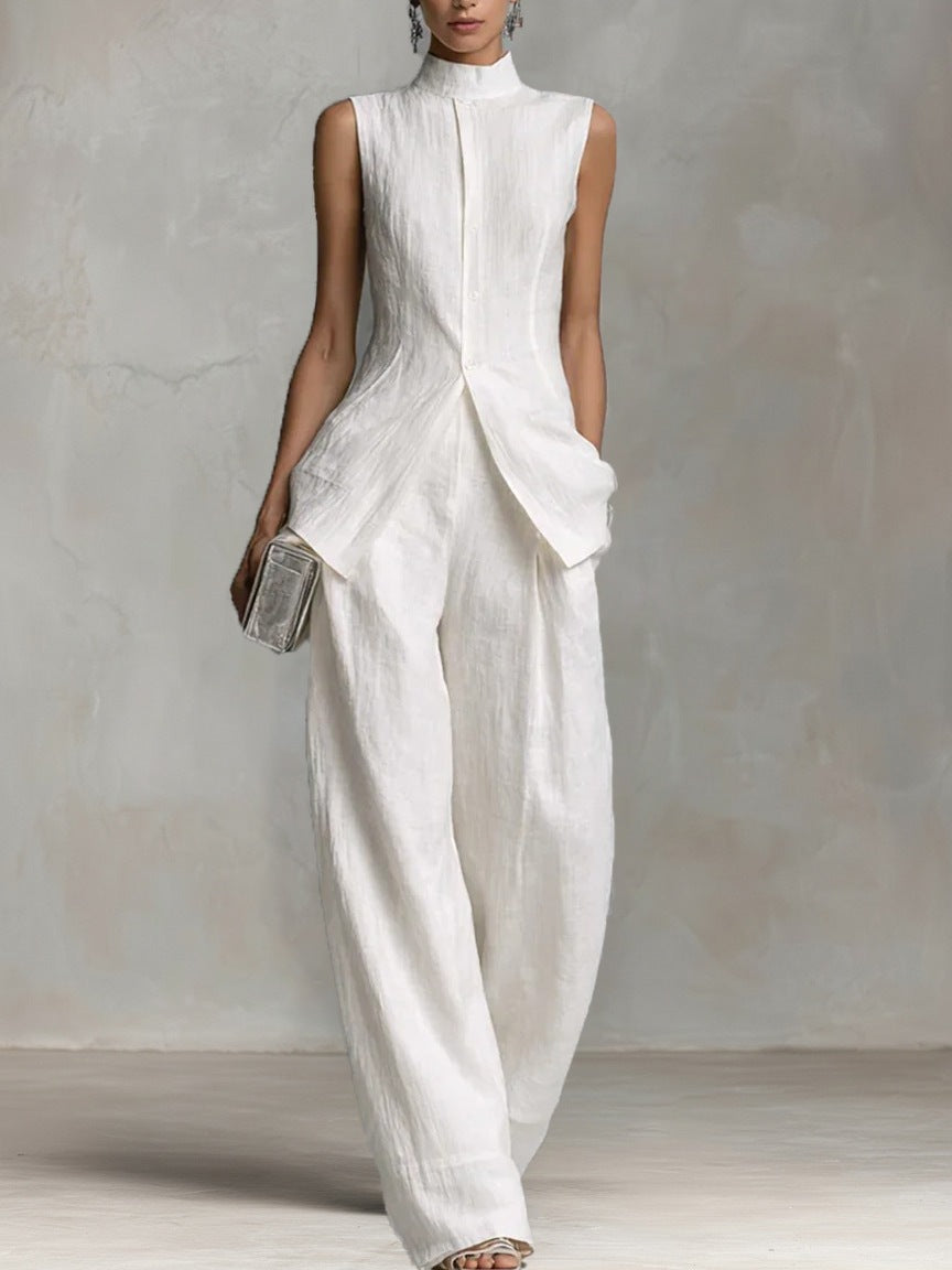 Damen Eleganter Jumpsuit mit hochgeschlossenem Kragen und weitem Bein Drune
