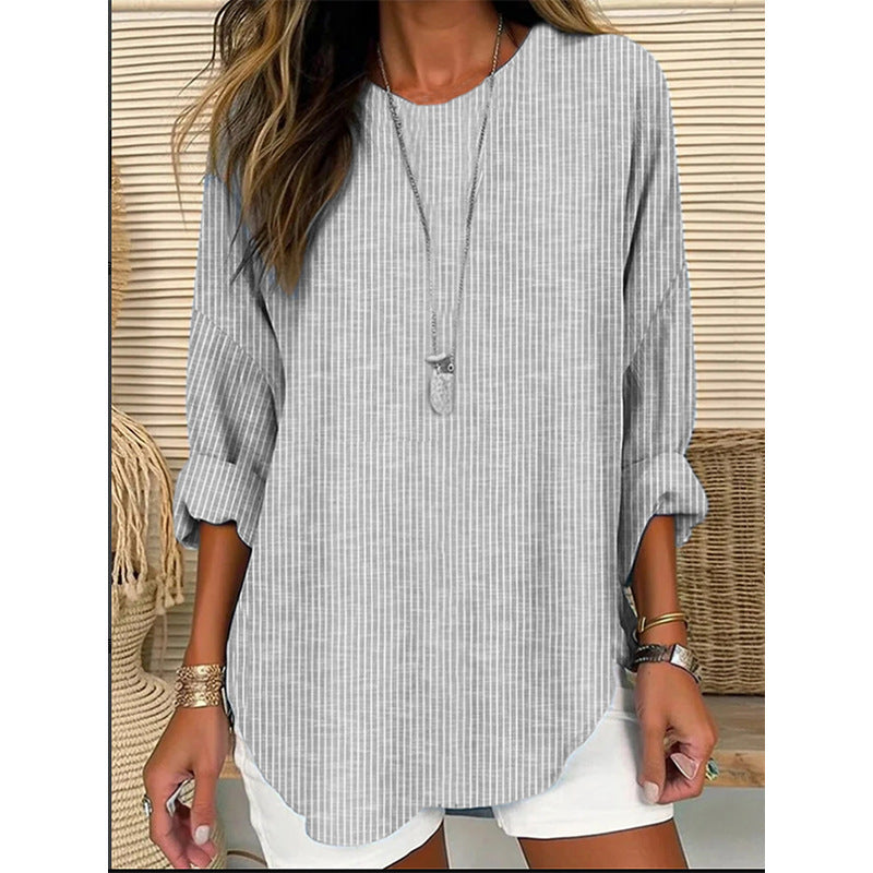 Damen Casual Leinenlook Lange Bluse mit feinen Streifen Drune