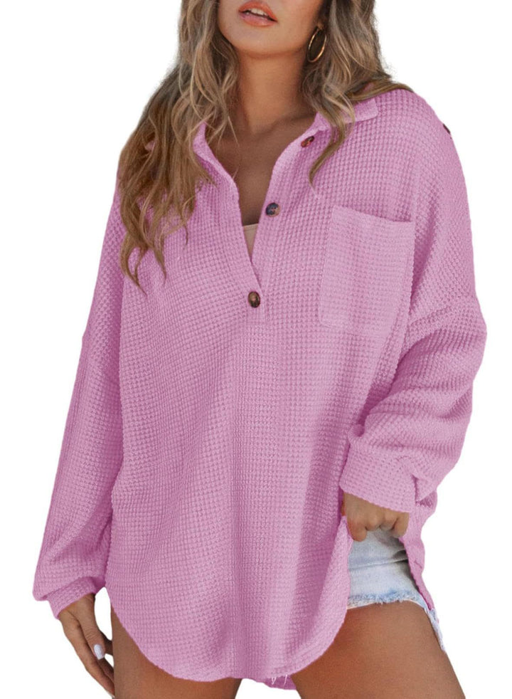 Damen Oversize Waffelstrick-Hemdbluse mit Kentkragen, Brusttasche und gerundetem Saum Drune