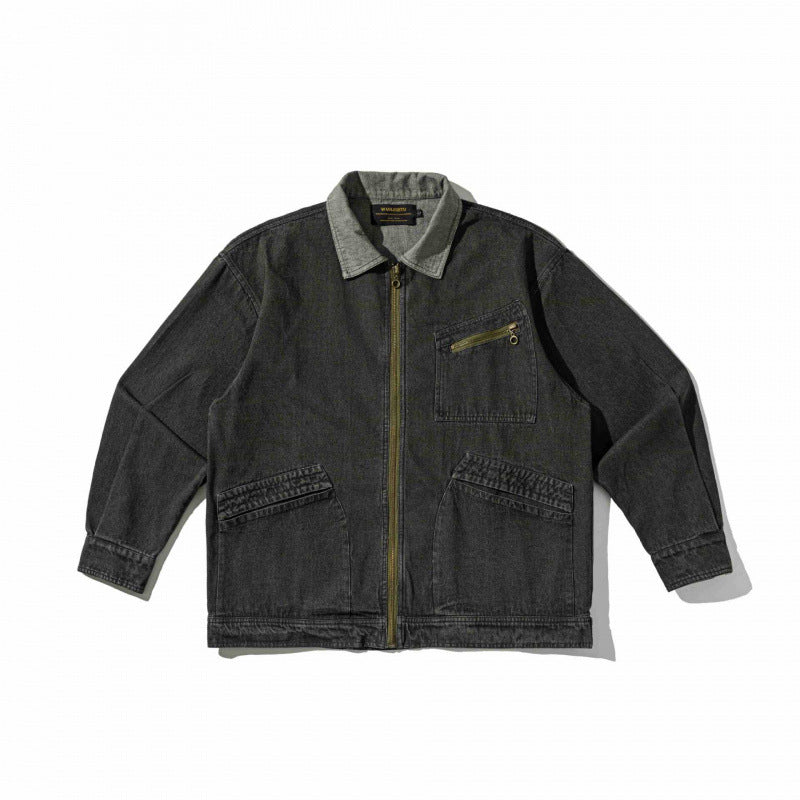 Unisex Kastenförmige Overshirt‑Jacke aus gewaschenem Denim mit Frontreißverschluss und Mehrfachtaschen Drune