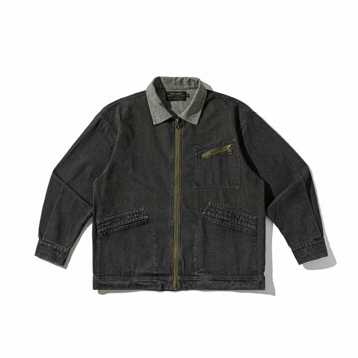 Unisex Kastenförmige Overshirt‑Jacke aus gewaschenem Denim mit Frontreißverschluss und Mehrfachtaschen Drune