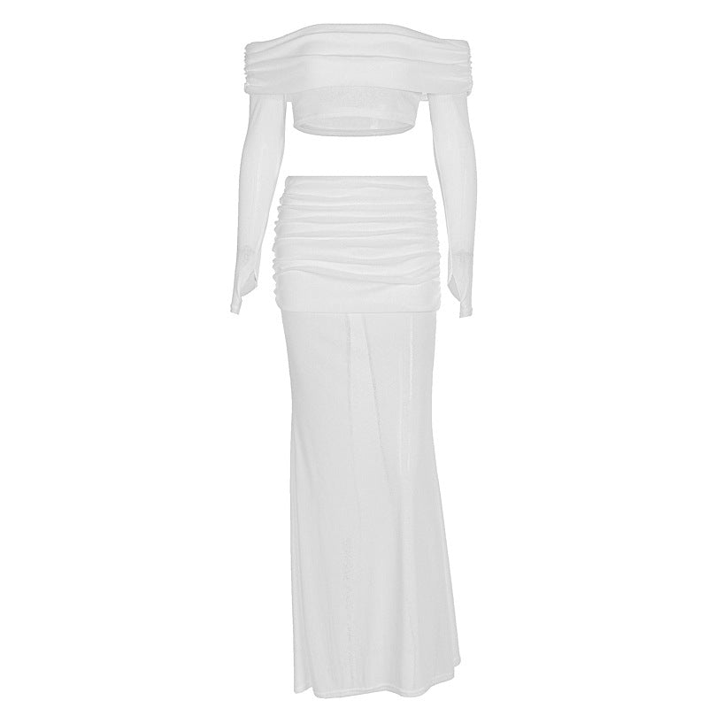 Damen Off-Shoulder Maxi-Kleid mit gerafftem Oberteil und elegantem Rock Drune