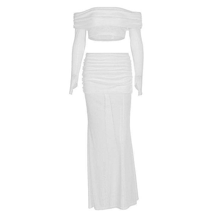 Damen Off-Shoulder Maxi-Kleid mit gerafftem Oberteil und elegantem Rock Drune