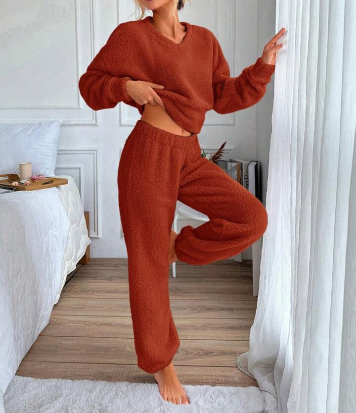 Damen Kuscheliges Freizeit-Loungewear-Set mit V-Ausschnitt Drune