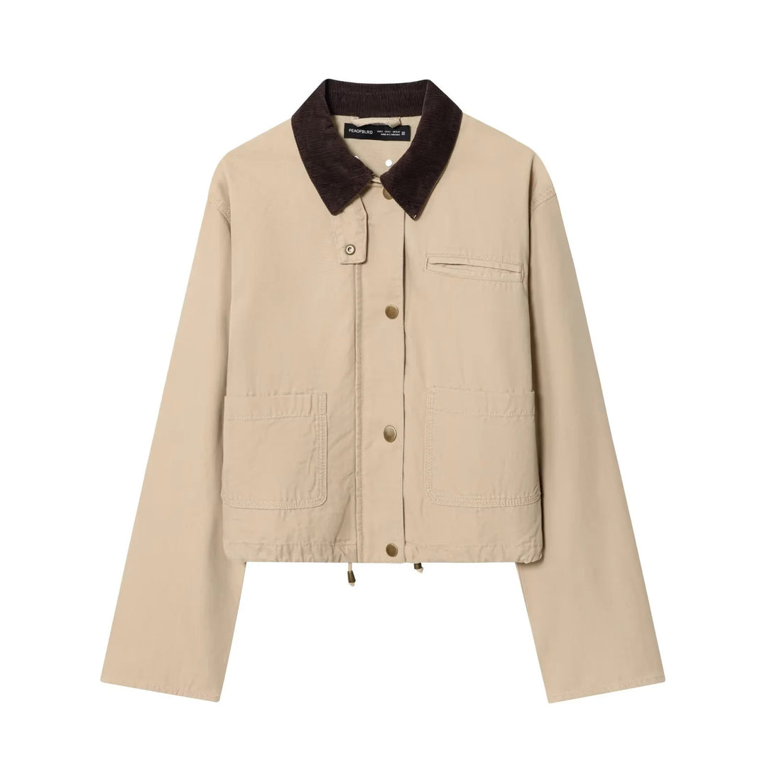 Damen nan kurze Chore‑Jacke mit Cordkragen, Druckknopfleiste und Kordelzugsaum Drune