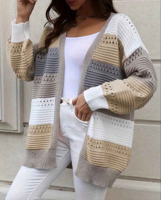 Damen Großer Strickcardigan mit einzigartigem Lochmuster und Farbblockdesign Drune