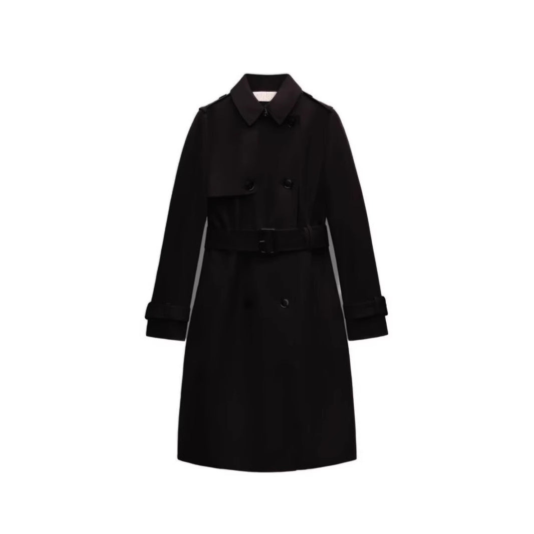 Damen Langer taillierter Trenchcoat mit doppelreihiger Knopfleiste, Taillengürtel und Ärmelriegel Drune