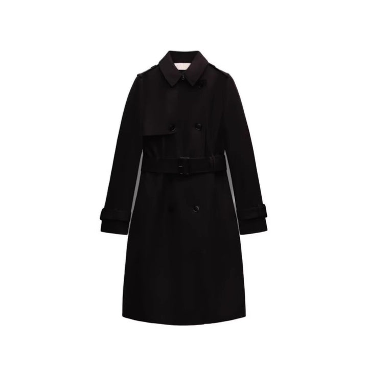 Damen Langer taillierter Trenchcoat mit doppelreihiger Knopfleiste, Taillengürtel und Ärmelriegel Drune