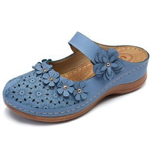 Damen Blumenverzierte Komfort-Pantolette mit Lochmuster, verstellbarem Klettriemen und gepolstertem Fußbett Drune