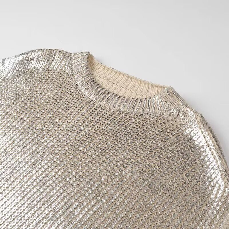 Damen Oversized Strickpullover mit Cut-Out-Schultern und Metallic-Glanz Drune