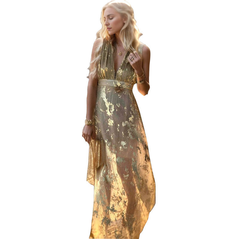 Damen Maxi-Hippiekleid mit zartem Schnitt und goldenem Blütenmuster Drune